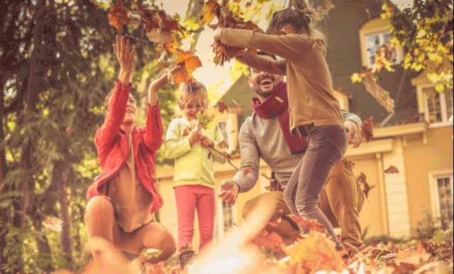 A family playing in a pile of leaves
