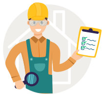 A smiling home inspector wearing a hard hat. He's carrying both a magnifying glass and a clipboard with a checklist.