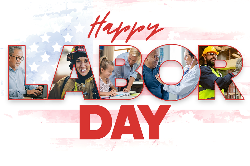 The words Happy Labor Day, with images of workers in the letters of the word Labor. A faded watermark of an American flag is in the background