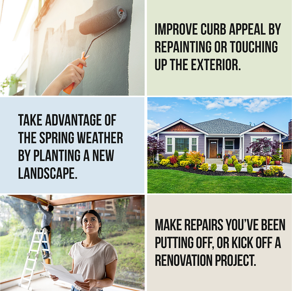 Improve curb appeal by repainting or touching up the exterior. Take advantage of the spring weather by planting a new landscape. Make repairs you've been putting off, or kick off a renovation project.