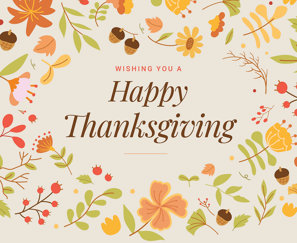 Fancy text that says "Wishing you a Happy Thanksgiving," surrounded by cartoon icons of fall flowers, berries, acorns, and leaves.
