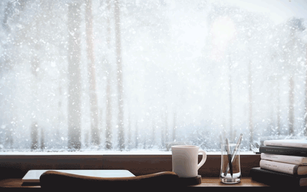 Have A Wonderful Winter in black text against a background of falling snow, seen through a window.