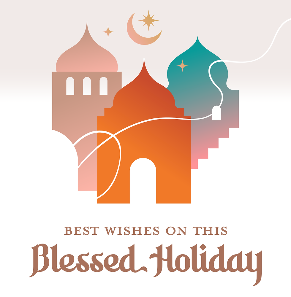 Best wishes on this Blessed Holiday in orange font under vividly-colored Islamic architecture.