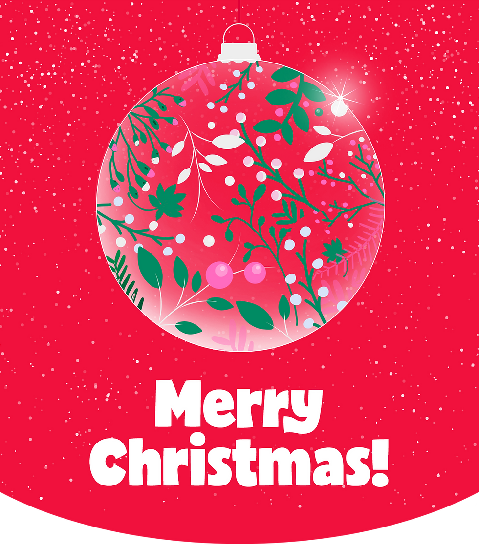 Merry Christmas in bold white font, below a glass ornament against a red background with small white specks.