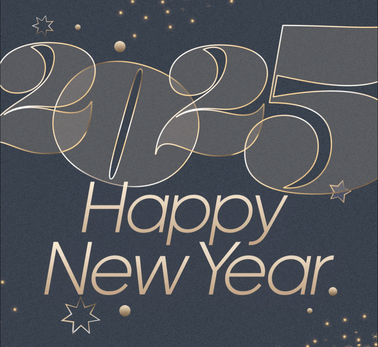 2025: Happy New Year. Text with moving sparkles and circles in the background, along with fireworks.