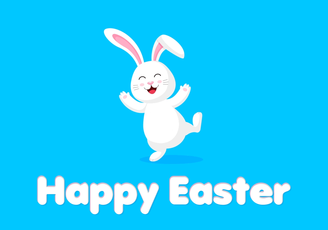 A dancing cartoon bunny on a blue background, over hopping text that says Happy Easter