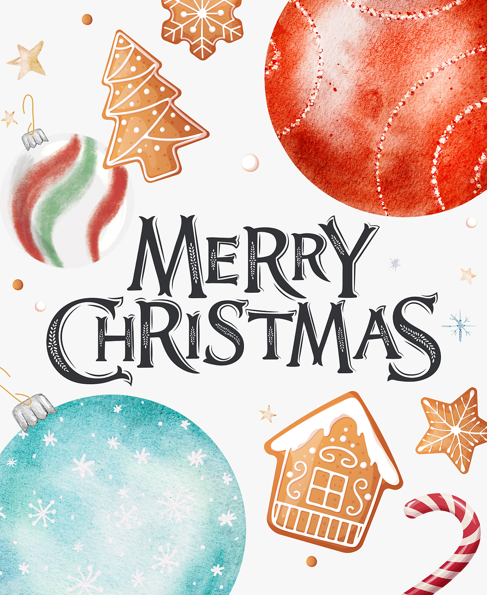 Merry Christmas in a stylized text, surrounded by ornaments, stars, cookies and a candy cane